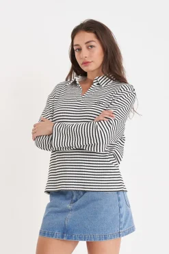 ALFIE STRIPE LS POLO CHALK/BLACK
